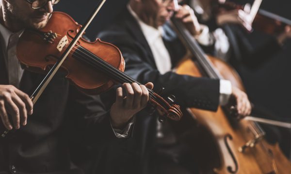 Symphonic string orchestra performing on stage Professional symphonic string orchestra performing on stage and playing a classical music concert, violinist in the foreground